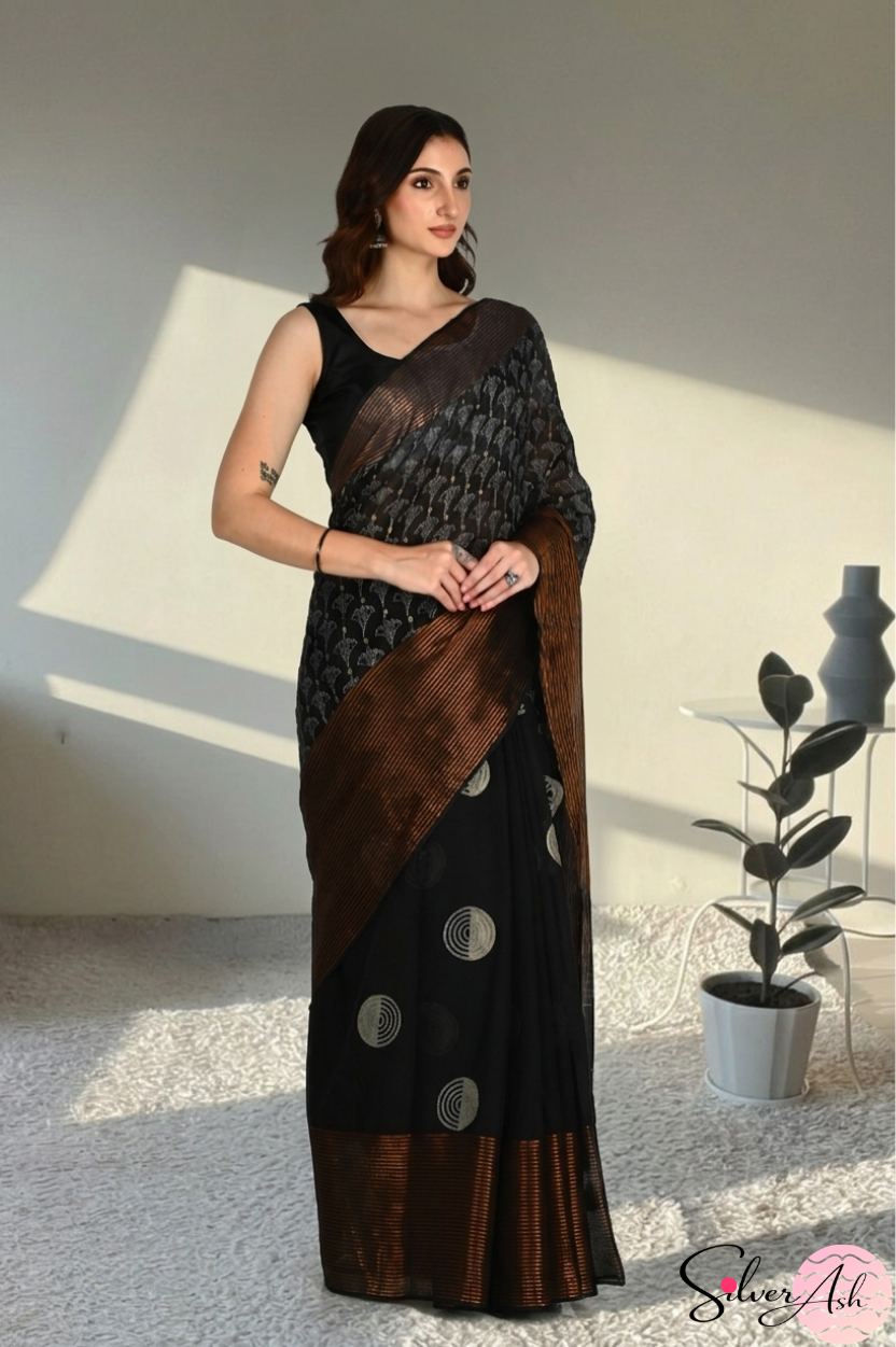 Handblock Printed DIVA MULCOTTON Black Saree with Blouse Piece