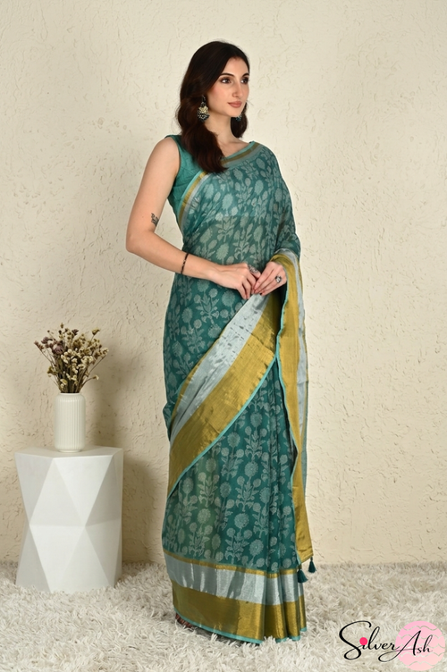 Handblock Printed ALBELI MULCOTTON Green Saree with Blouse Piece
