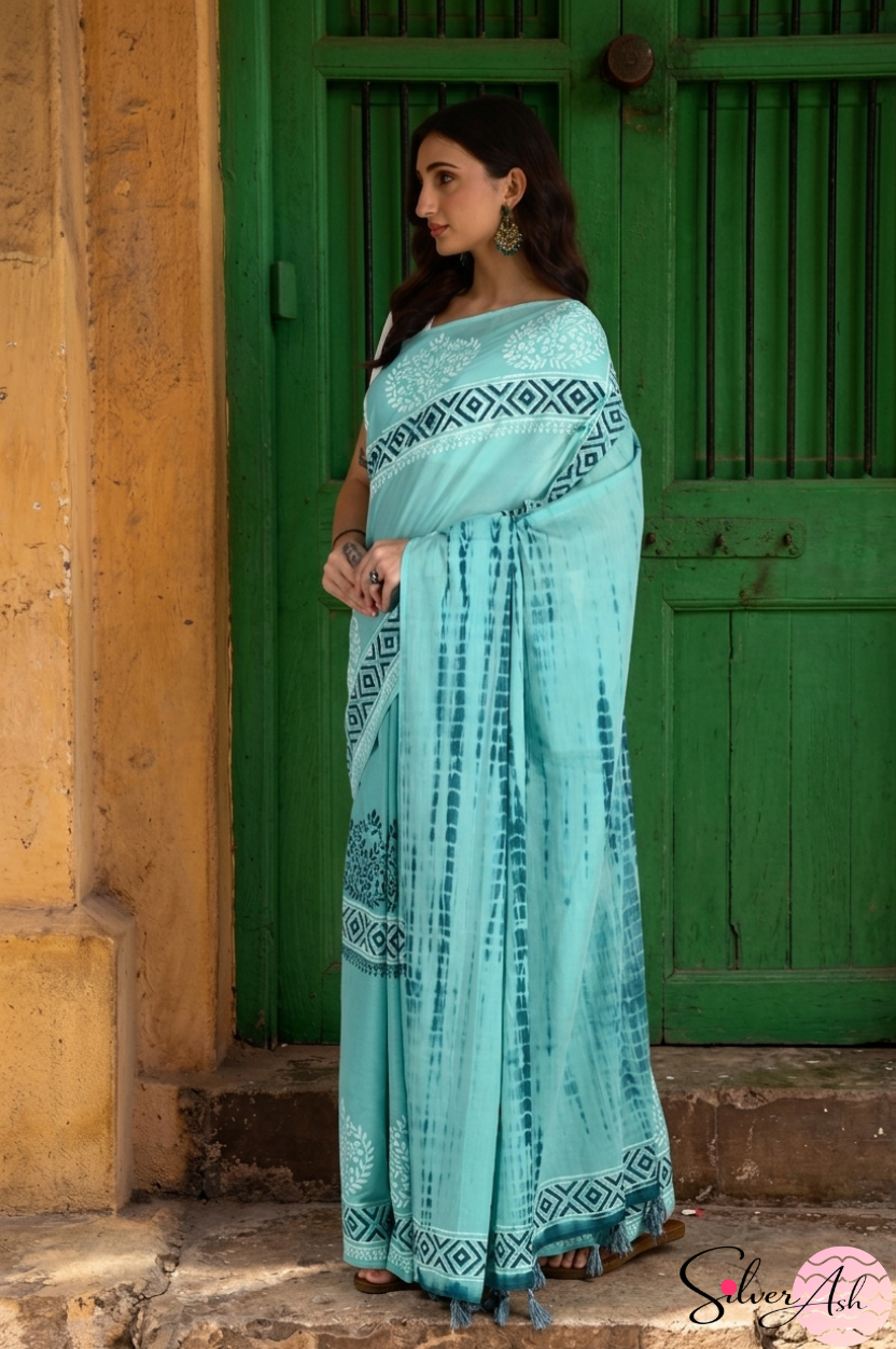 Handblock Printed DHARA MULCOTTON Firozi Blue Saree with Blouse Piece