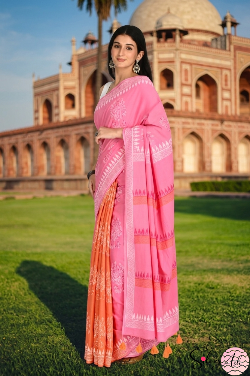Handblock Printed DIL SE MULCOTTON Pink Orange Saree with Blouse Piece