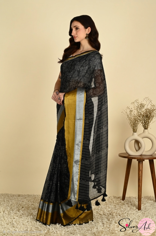 Handblock Printed ALBELI MULCOTTON Black Saree with Blouse Piece