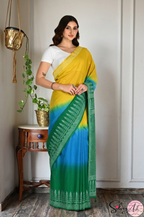 Handblock Printed TRIYA MULCOTTON Blue Saree with Blouse Piece