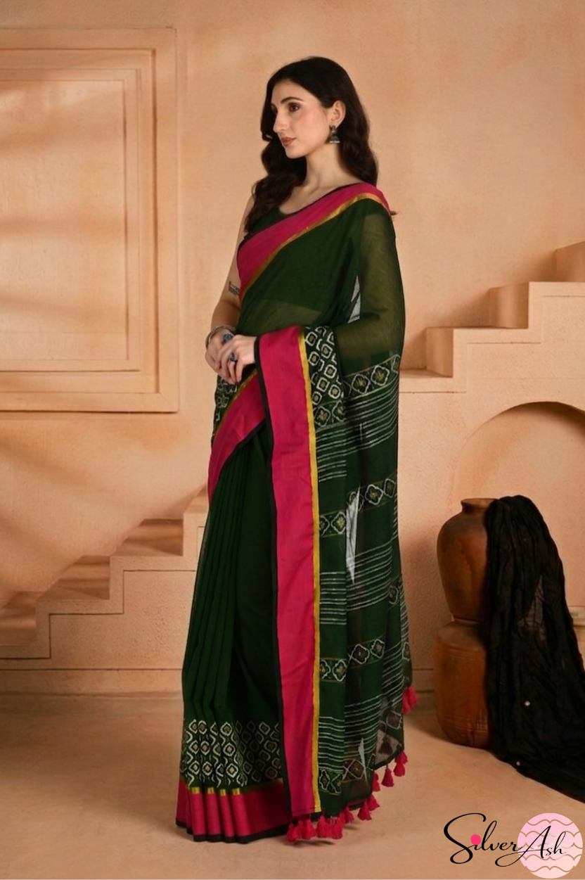 Handblock Printed KASHVI MULCOTTON Green Saree with Blouse Piece