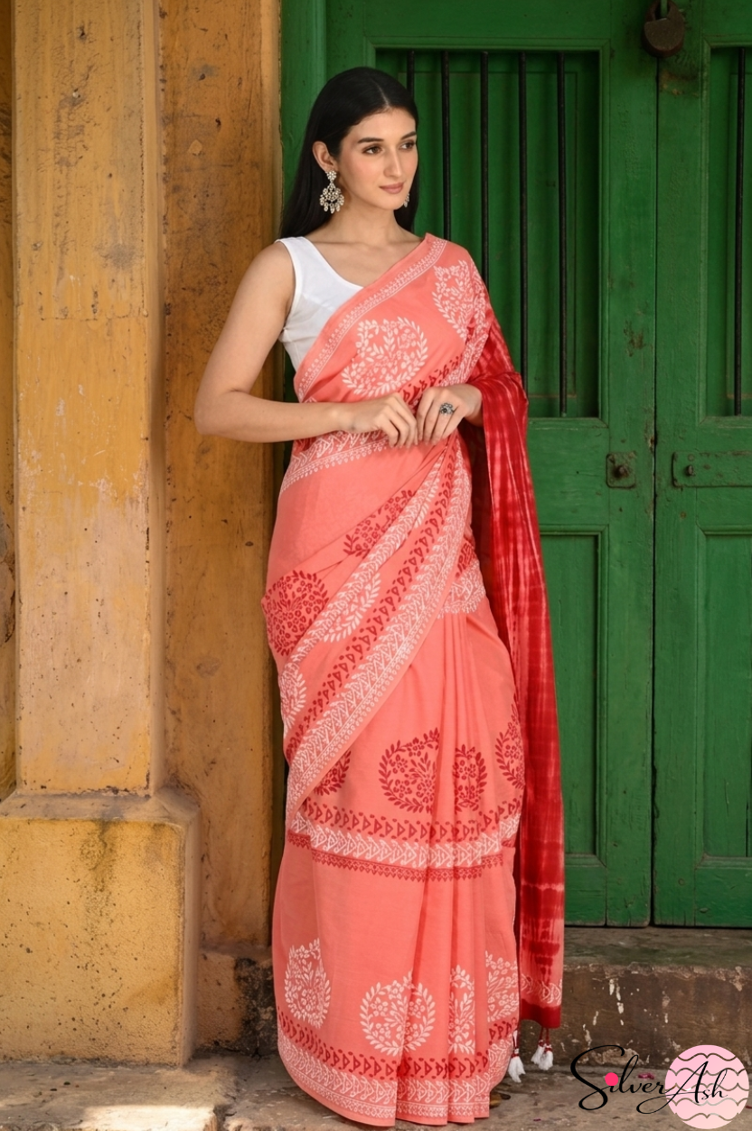 Handblock Printed DHARA MULCOTTON Peach Red Saree with Blouse Piece