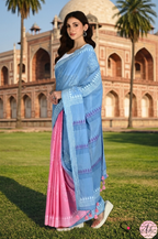 Handblock Printed DIL SE MULCOTTON Blue Pink Saree with Blouse Piece