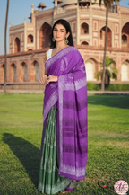 Handblock Printed DIL SE MULCOTTON Purple Green Saree with Blouse Piece