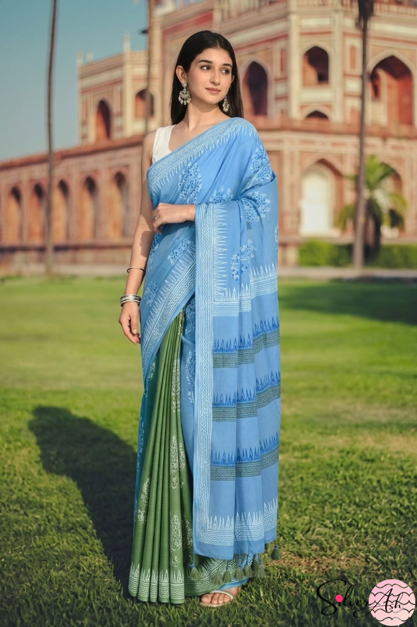 Handblock Printed DIL SE MULCOTTON Blue Green Saree with Blouse Piece
