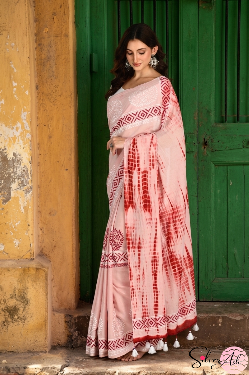 Handblock Printed DHARA MULCOTTON Pink Maroon Saree with Blouse Piece