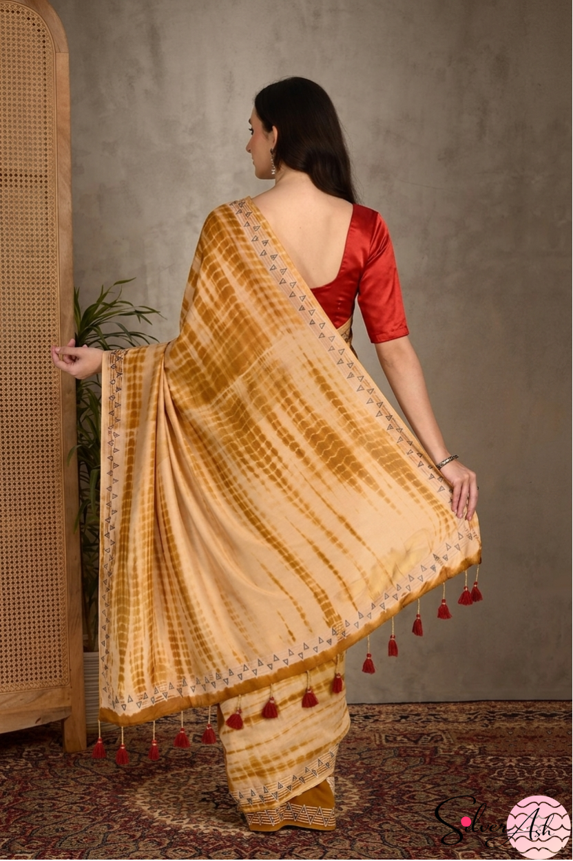 Handblock Printed MAYA MEMSAAB MUSLIN SILK Mustard Saree with Blouse Piece