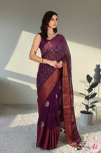 Handblock Printed DIVA MULCOTTON Wine Saree with Blouse Piece