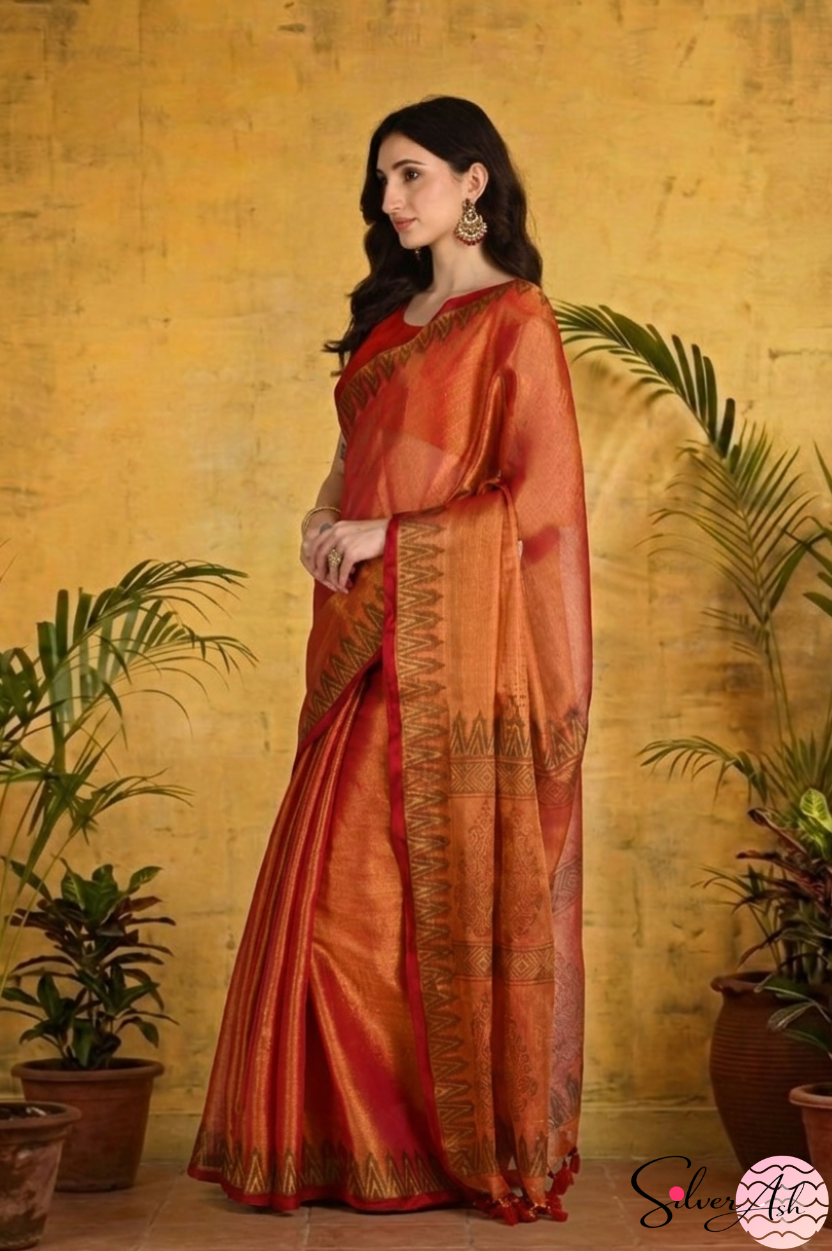 Handblock Printed RAAS Tissue Red Saree with Blouse Piece