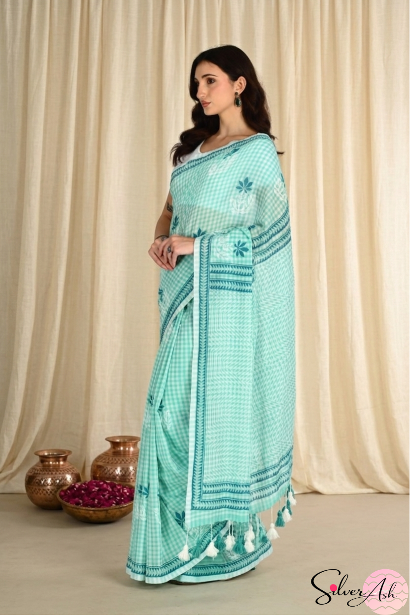 Handblock Printed CHAKOR MULCOTTON Green Saree