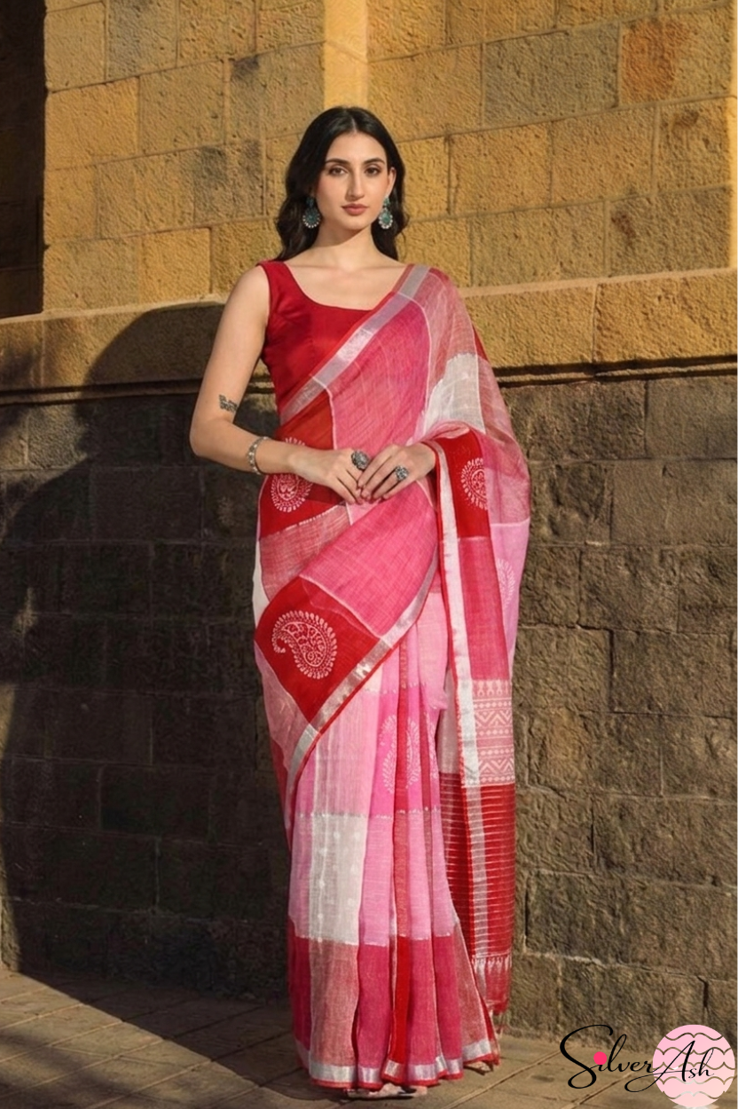 Handblock Printed RANG DE MOHE LINEN PINK-RED Saree with Blouse Piece