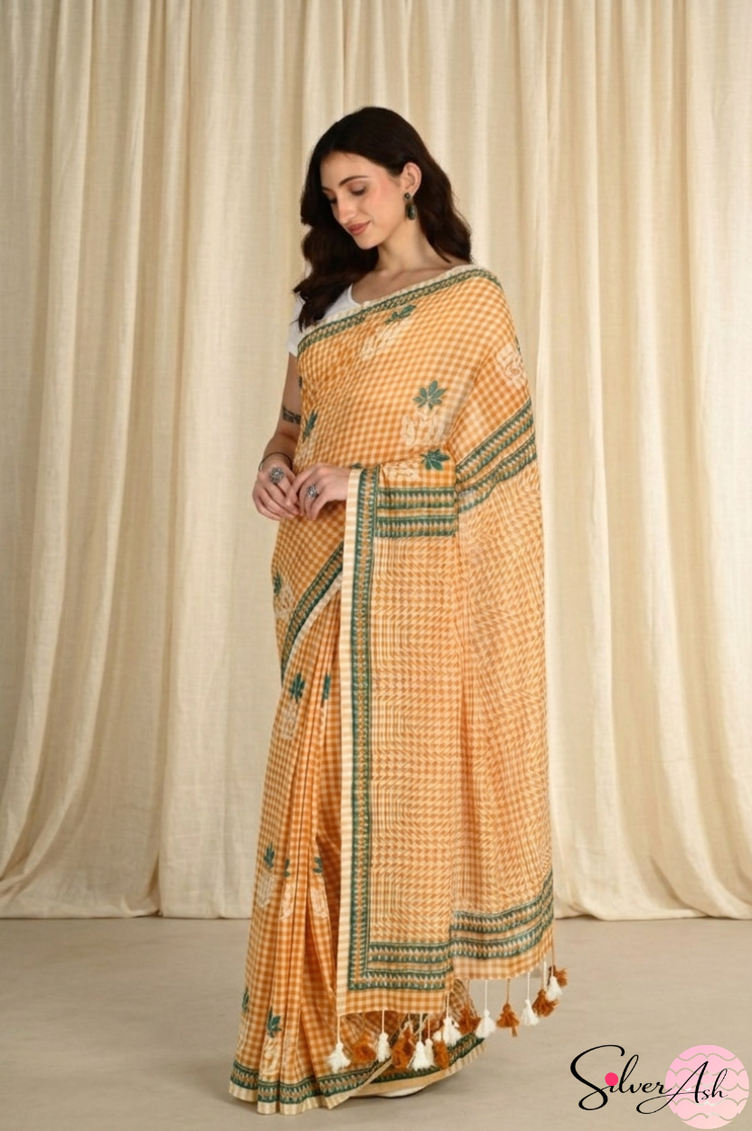 Handblock Printed CHAKOR MULCOTTON Mustard Saree