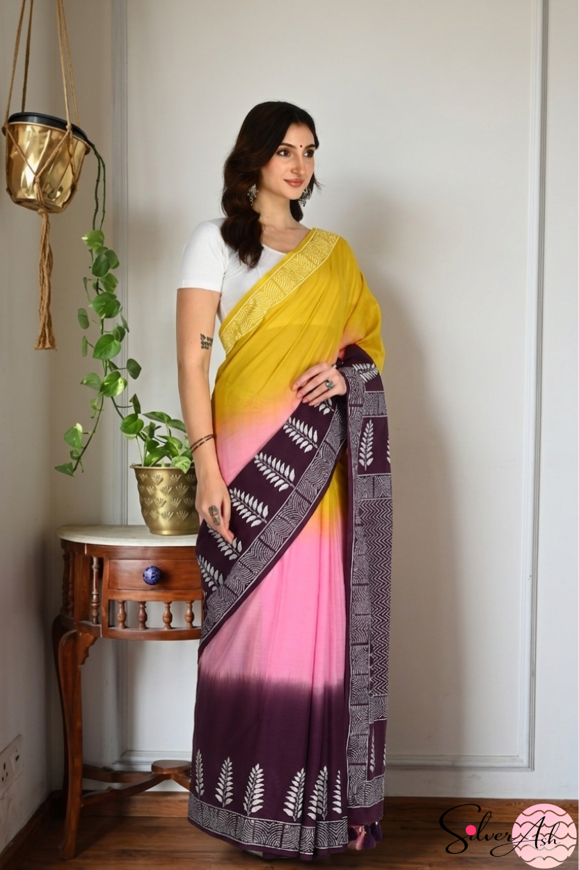 Handblock Printed TRIYA MULCOTTON Purple Saree with Blouse Piece