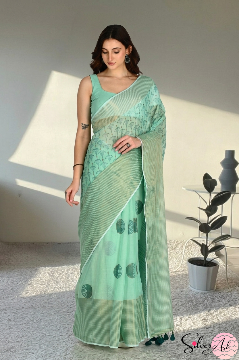 Handblock Printed DIVA MULCOTTON Green Saree with Blouse Piece