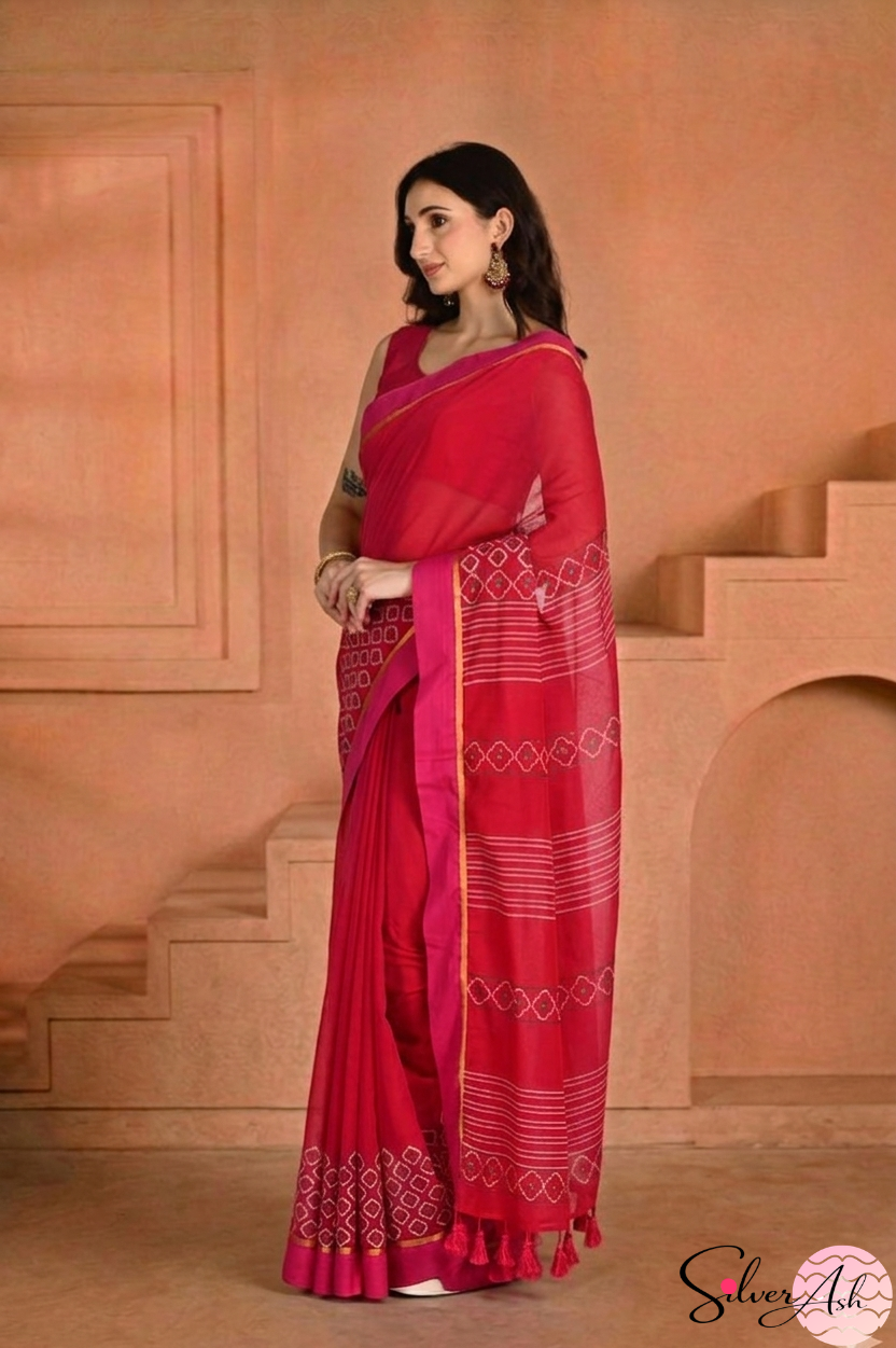 Handblock Printed KASHVI MULCOTTON Pink Saree with Blouse Piece