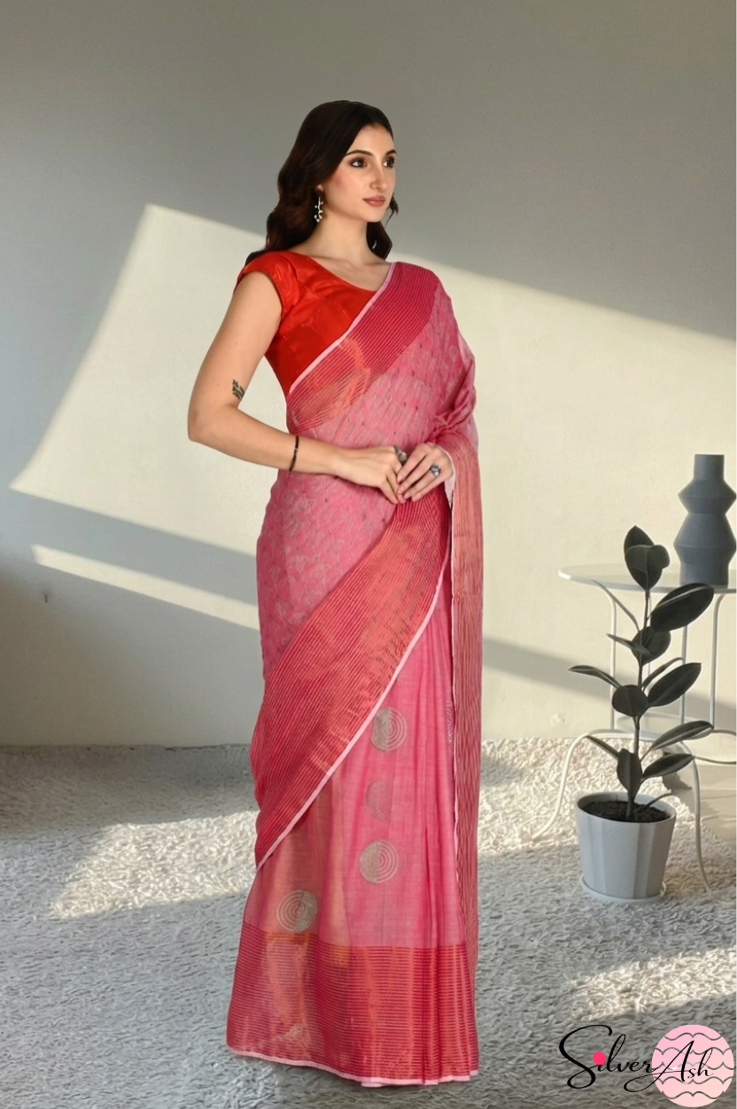 Handblock Printed DIVA MULCOTTON Pink Saree with Blouse Piece