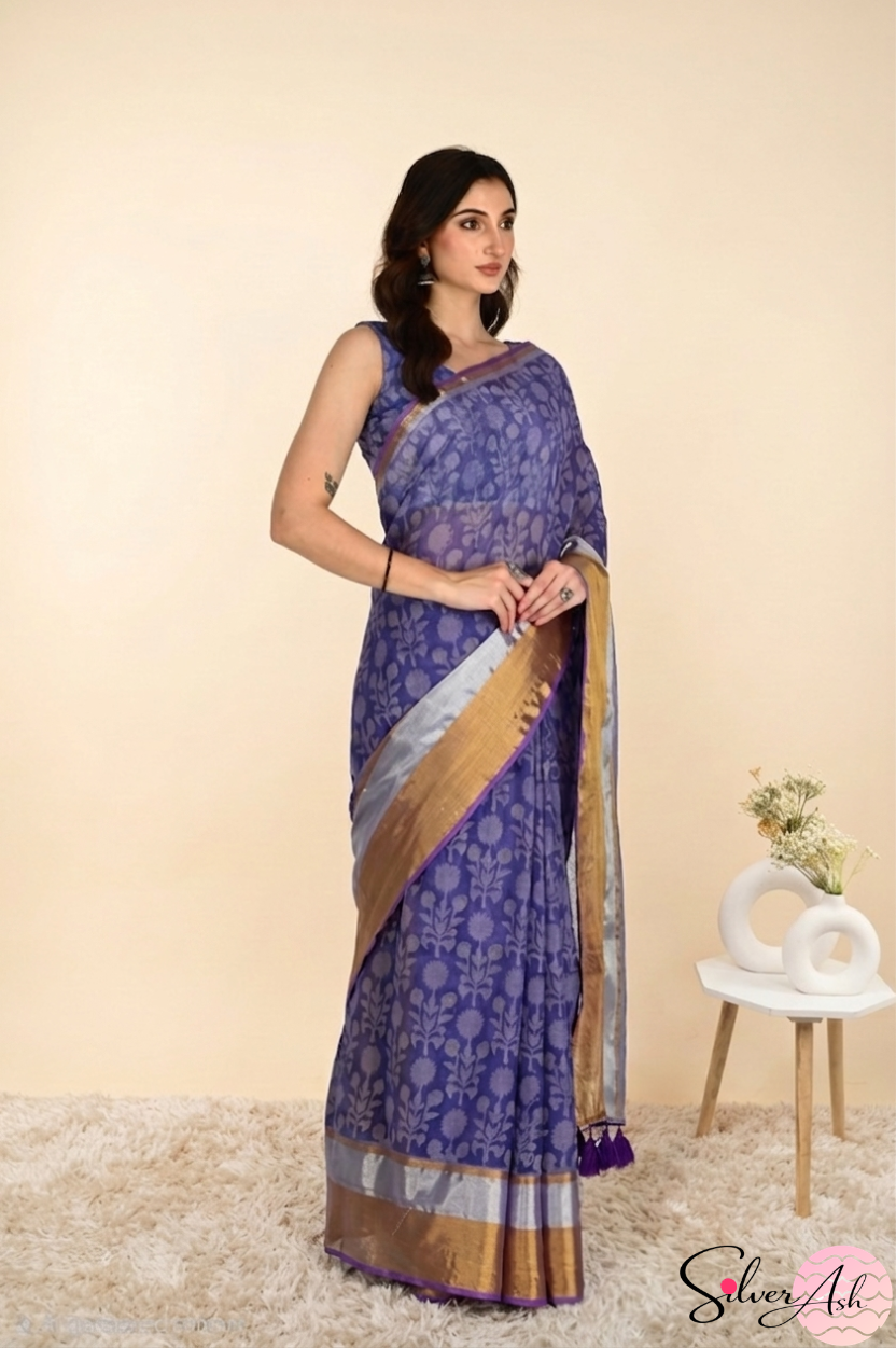 Handblock Printed ALBELI MULCOTTON Lilac Saree with Blouse Piece