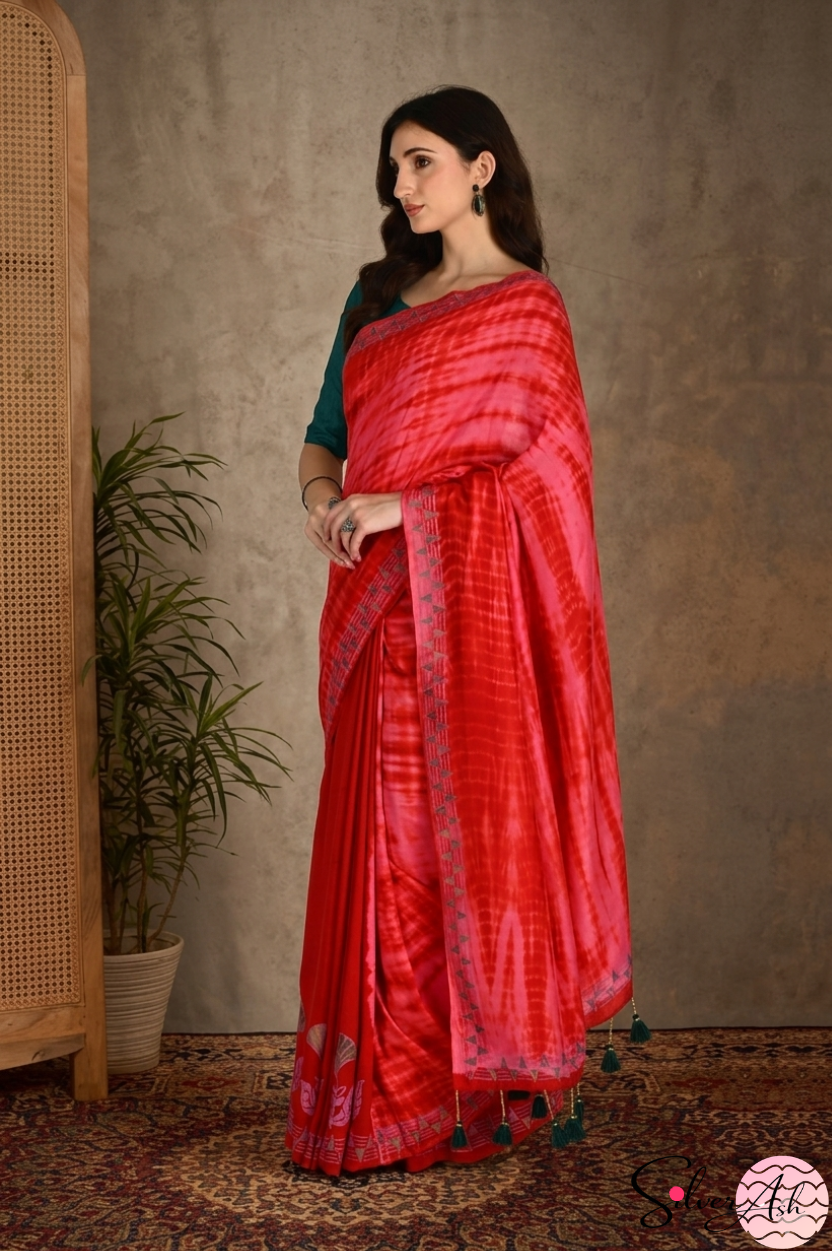 Handblock Printed MAYA MEMSAAB MUSLIN SILK Red Saree with Blouse Piece