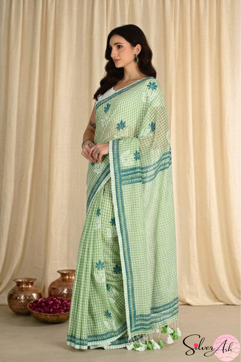Handblock Printed CHAKOR MULCOTTON Green Light Saree