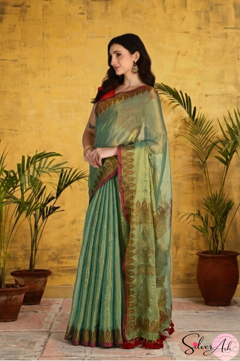 Handblock Printed RAAS Tissue Green Saree with Blouse Piece