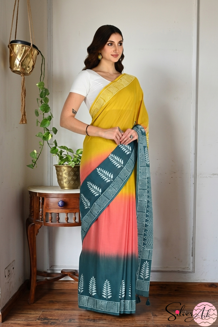 Handblock Printed TRIYA MULCOTTON Peach Saree with Blouse Piece