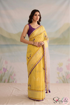 Handblock Printed CHIDIYA MULCOTTON Yellow Saree with Blouse Piece