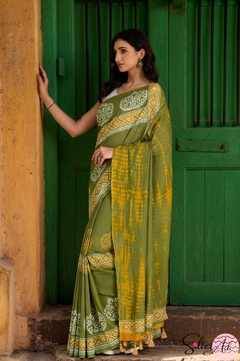 Handblock Printed DHARA MULCOTTON Green Yellow Saree with Blouse Piece
