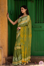 Handblock Printed DHARA MULCOTTON Green Yellow Saree with Blouse Piece