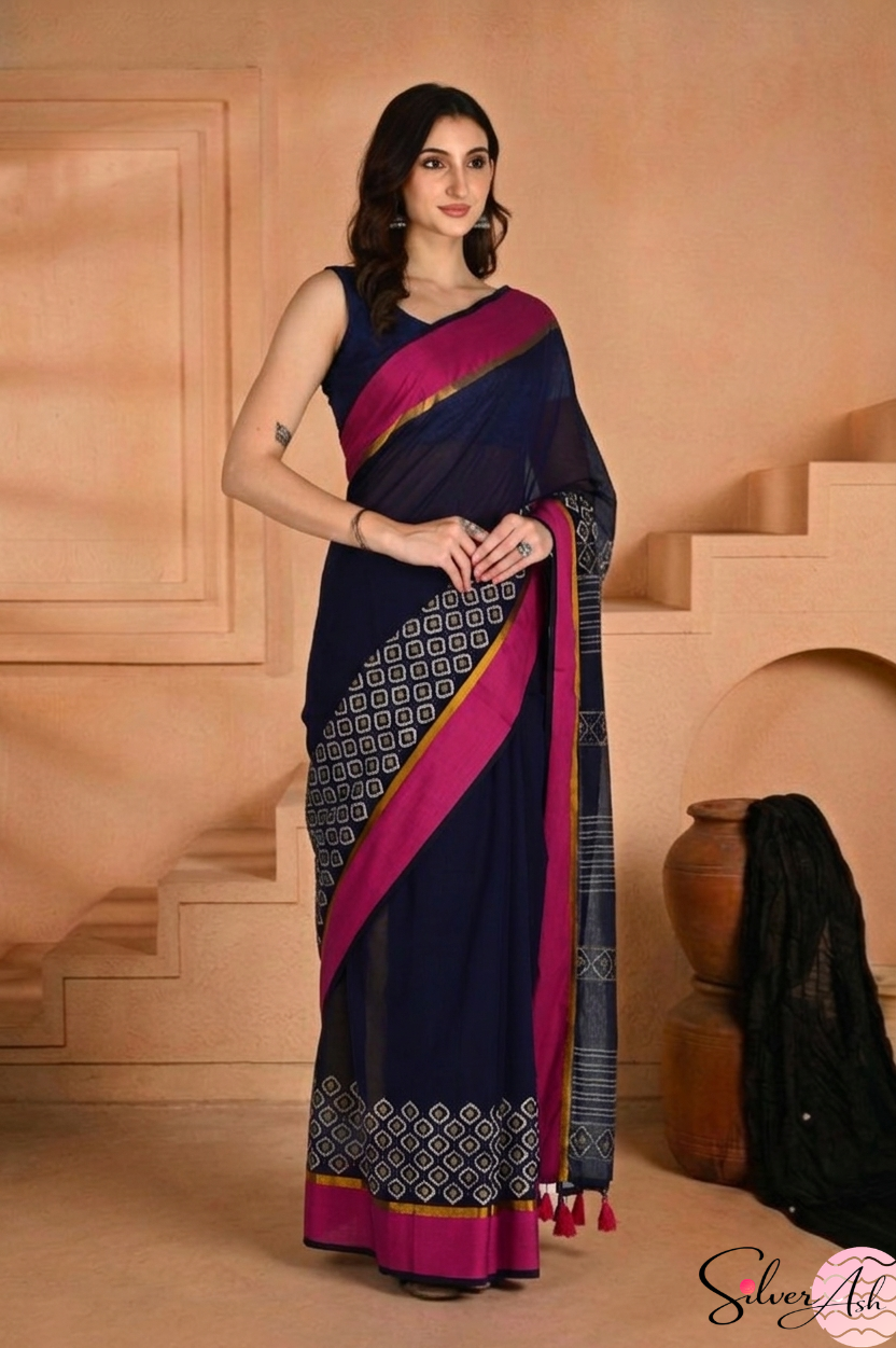 Handblock Printed KASHVI MULCOTTON Blue Saree with Blouse Piece