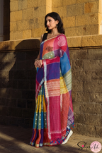 Handblock Printed RANG DE MOHE LINEN BLUE-PURPLE Saree with Blouse Piece