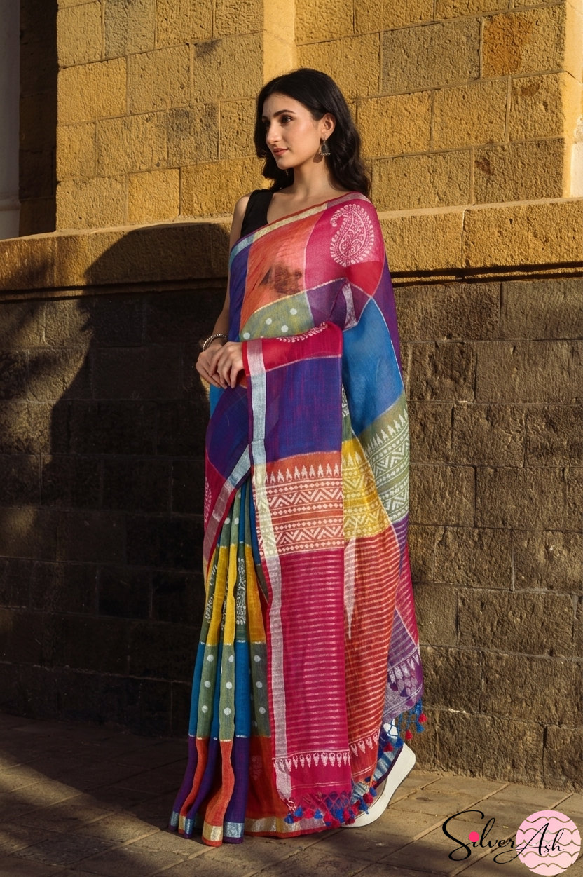 Handblock Printed RANG DE MOHE LINEN BLUE-PURPLE Saree with Blouse Piece