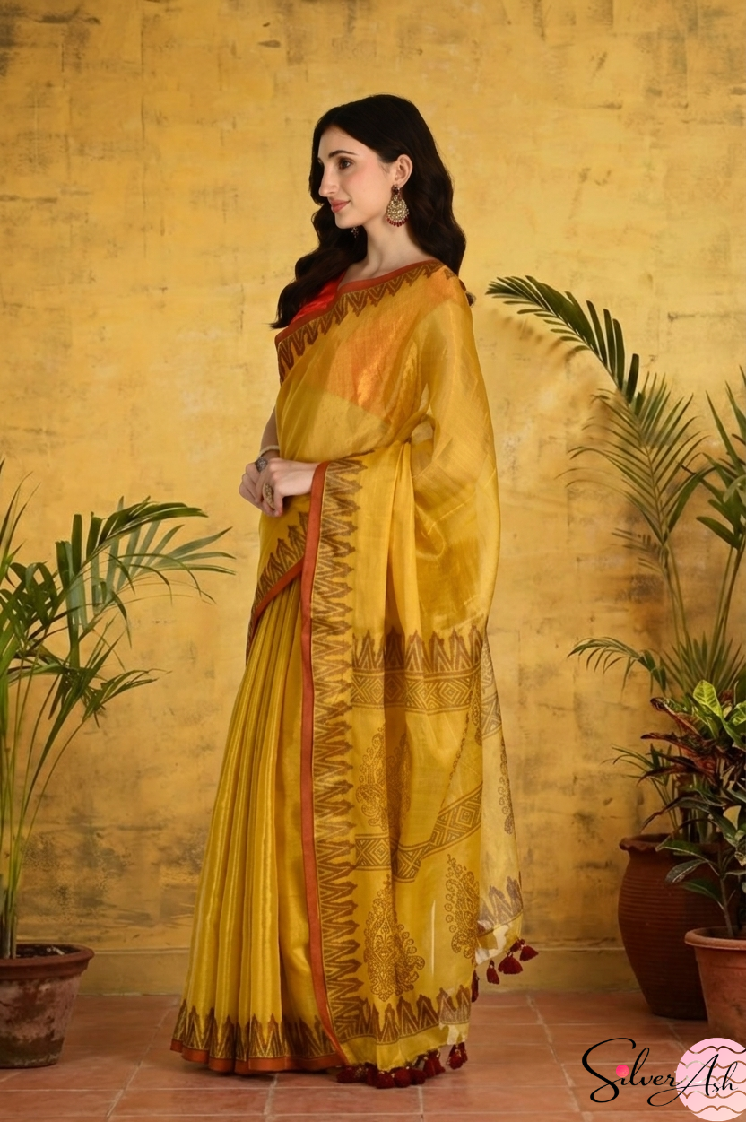 Handblock Printed RAAS Tissue Yellow Saree with Blouse Piece