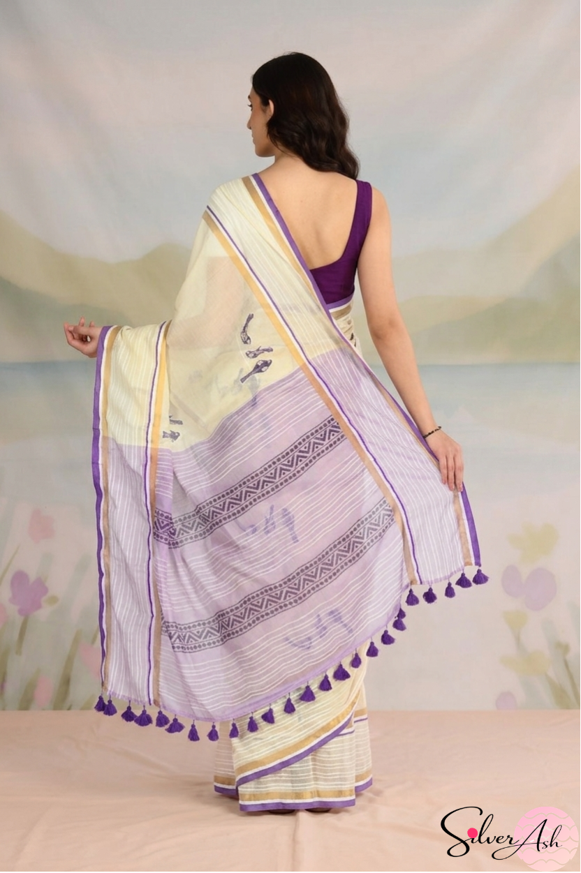 Handblock Printed CHIDIYA MULCOTTON Off White Saree with Blouse Piece
