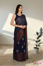 Handblock Printed DIVA MULCOTTON Blue Saree with Blouse Piece