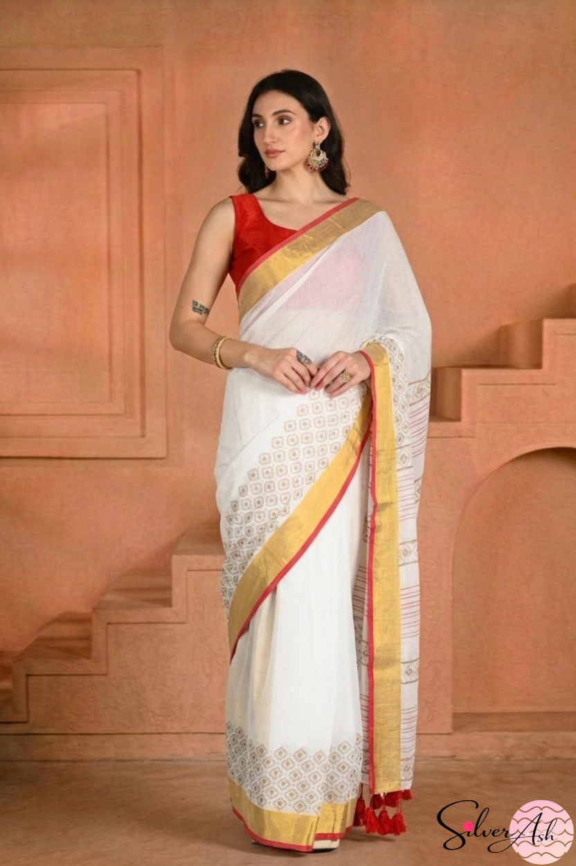 Handblock Printed KASHVI MULCOTTON White Saree with Blouse Piece