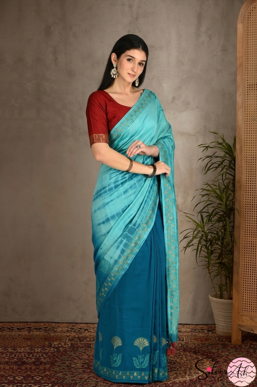 Handblock Printed MAYA MEMSAAB MUSLIN SILK Teal Blue Saree with Blouse Piece