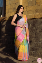 Handblock Printed RANG DE MOHE LINEN GREEN-PINK Saree with Blouse Piece