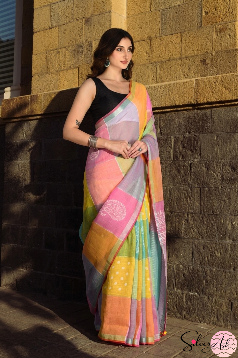 Handblock Printed RANG DE MOHE LINEN GREEN-PINK Saree with Blouse Piece