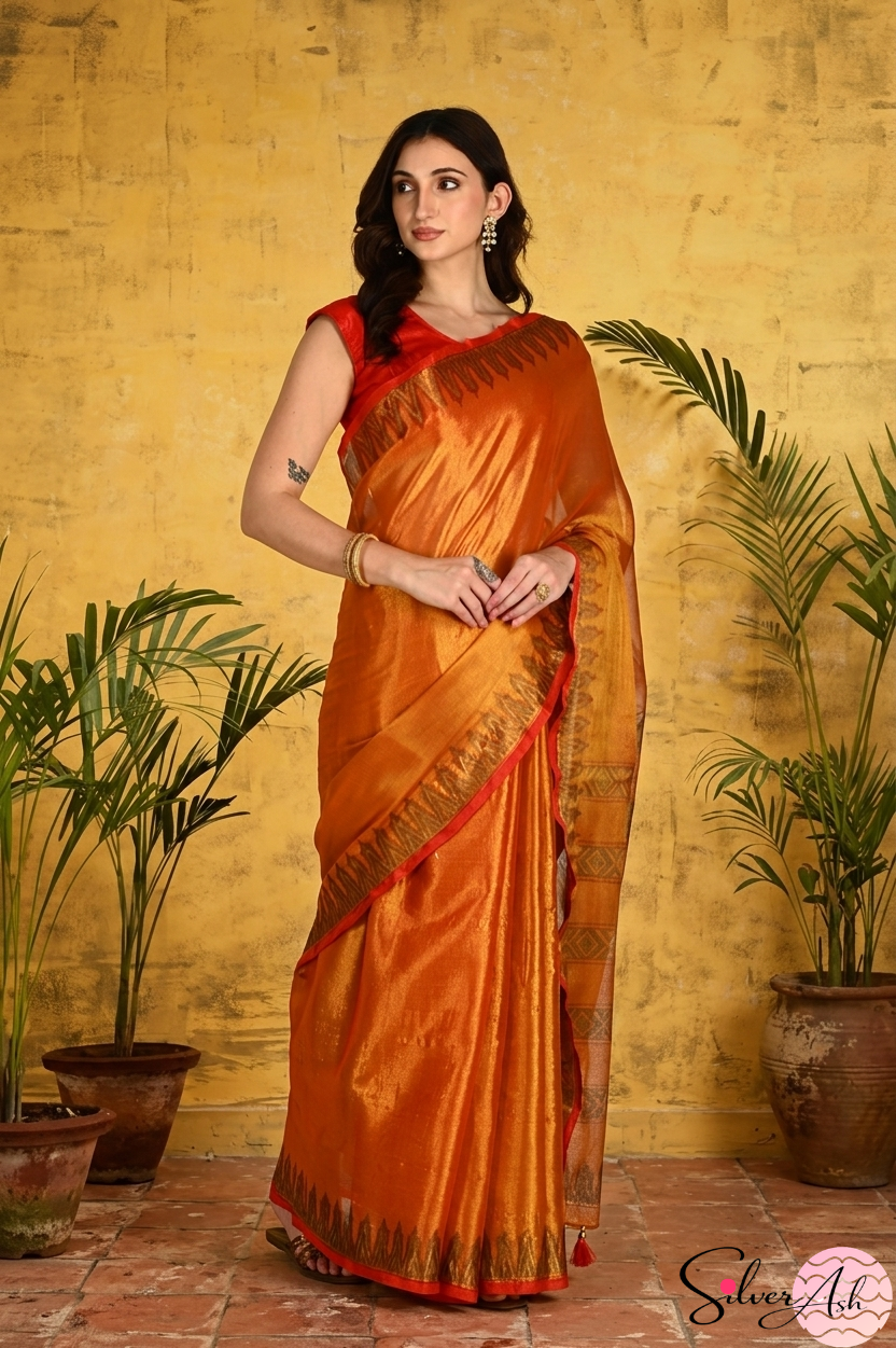 Handblock Printed RAAS Tissue Orange Saree with Blouse Piece