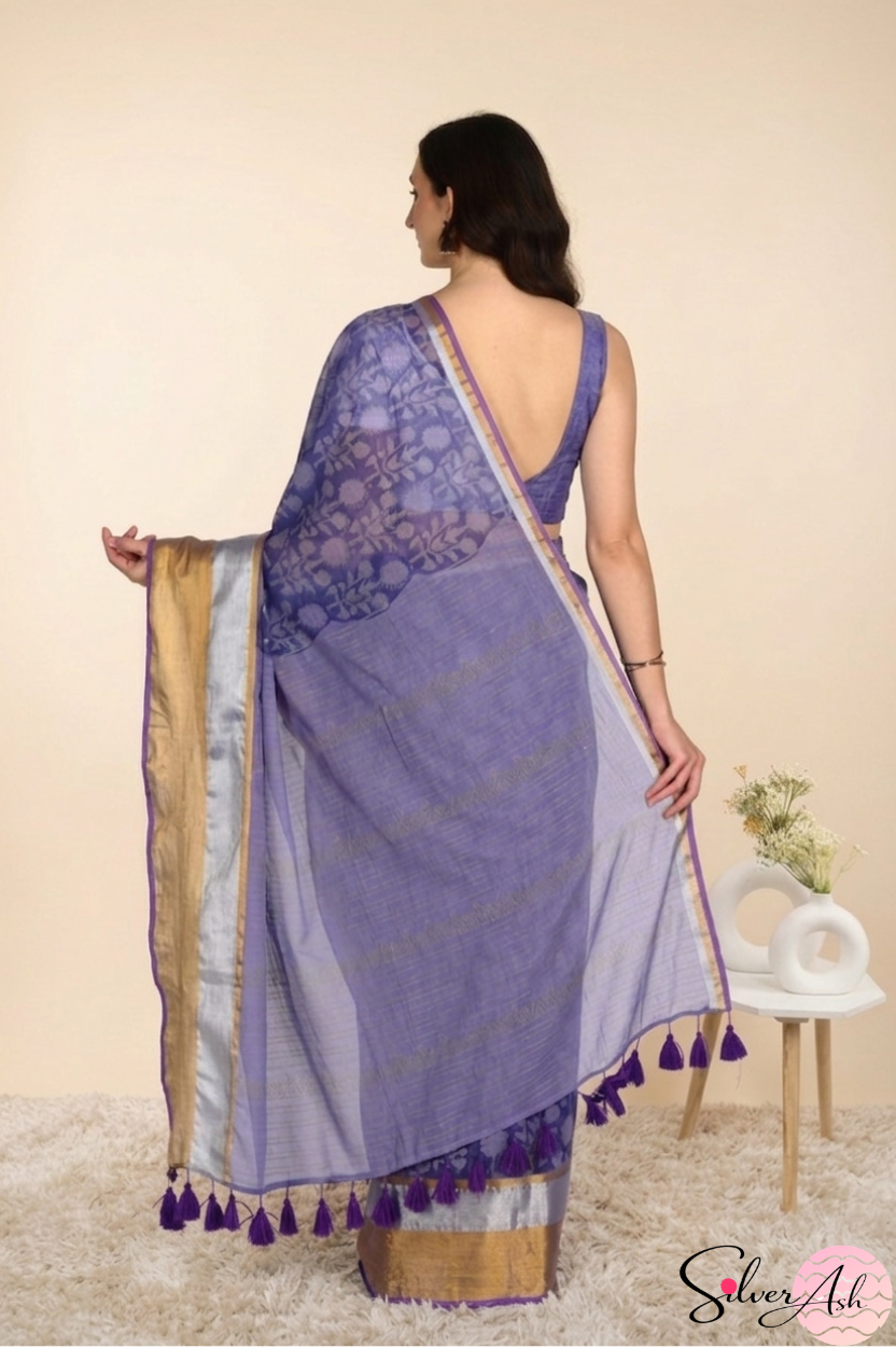 Handblock Printed ALBELI MULCOTTON Lilac Saree with Blouse Piece