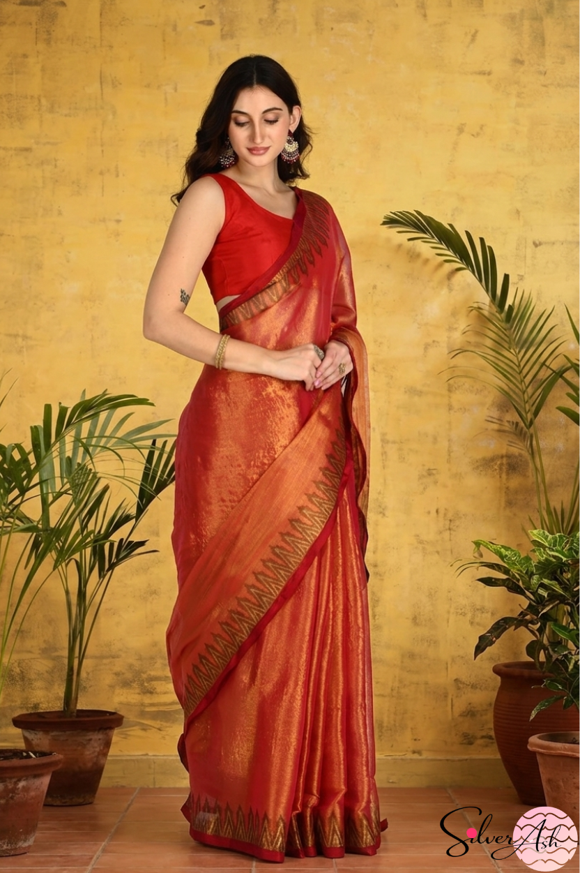 Handblock Printed RAAS Tissue Red Saree with Blouse Piece