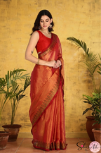 Handblock Printed RAAS Tissue Red Saree with Blouse Piece