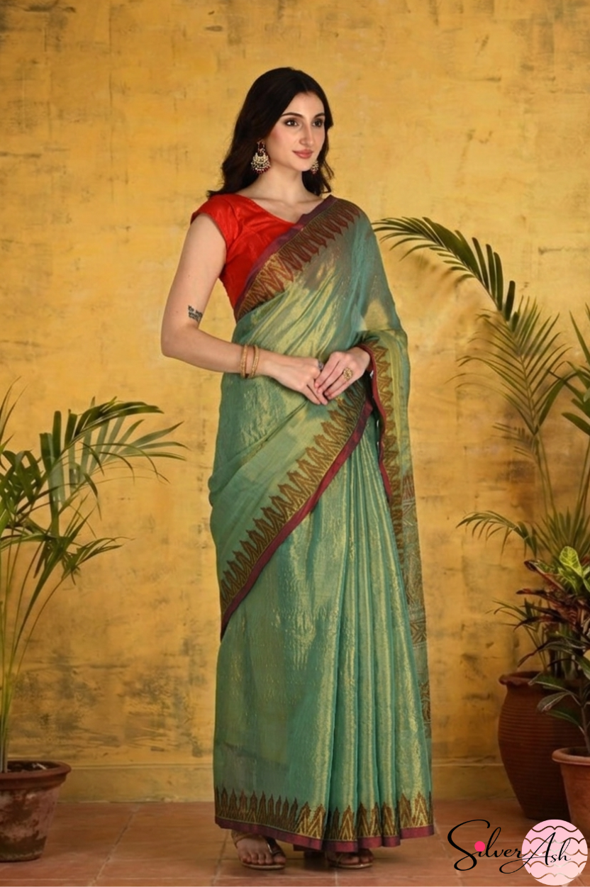 Handblock Printed RAAS Tissue Green Saree with Blouse Piece