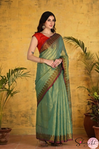 Handblock Printed RAAS Tissue Green Saree with Blouse Piece