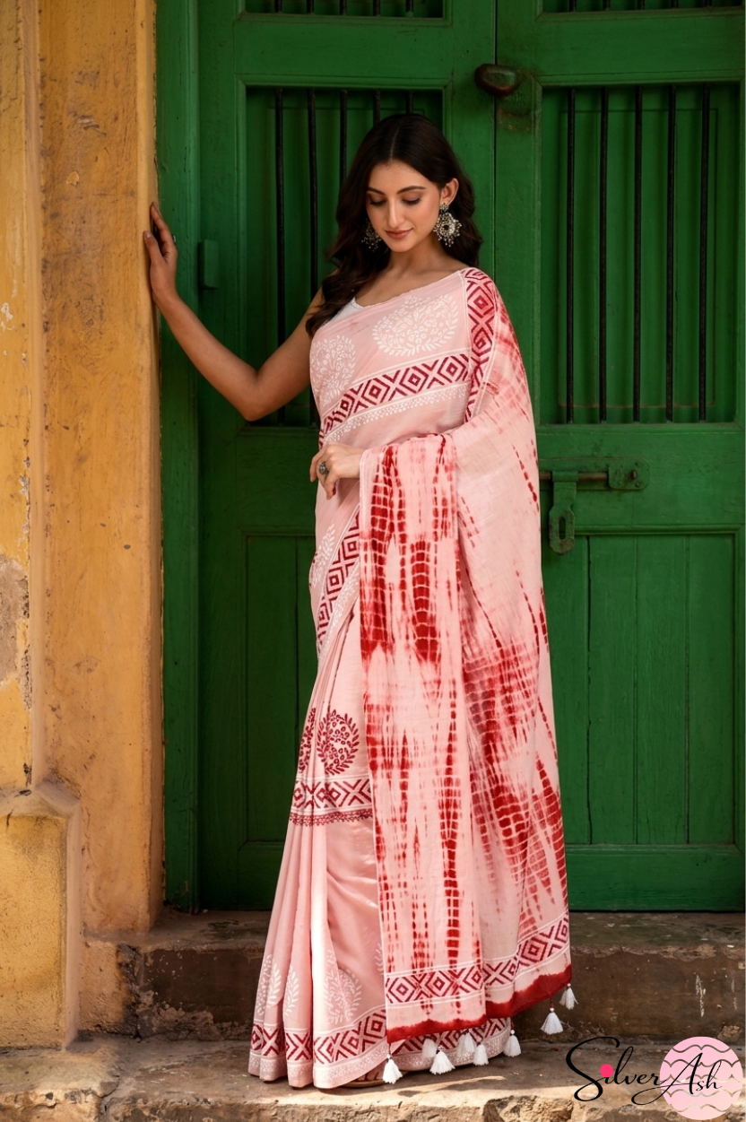 Handblock Printed DHARA MULCOTTON Pink Maroon Saree with Blouse Piece