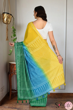 Handblock Printed TRIYA MULCOTTON Blue Saree with Blouse Piece