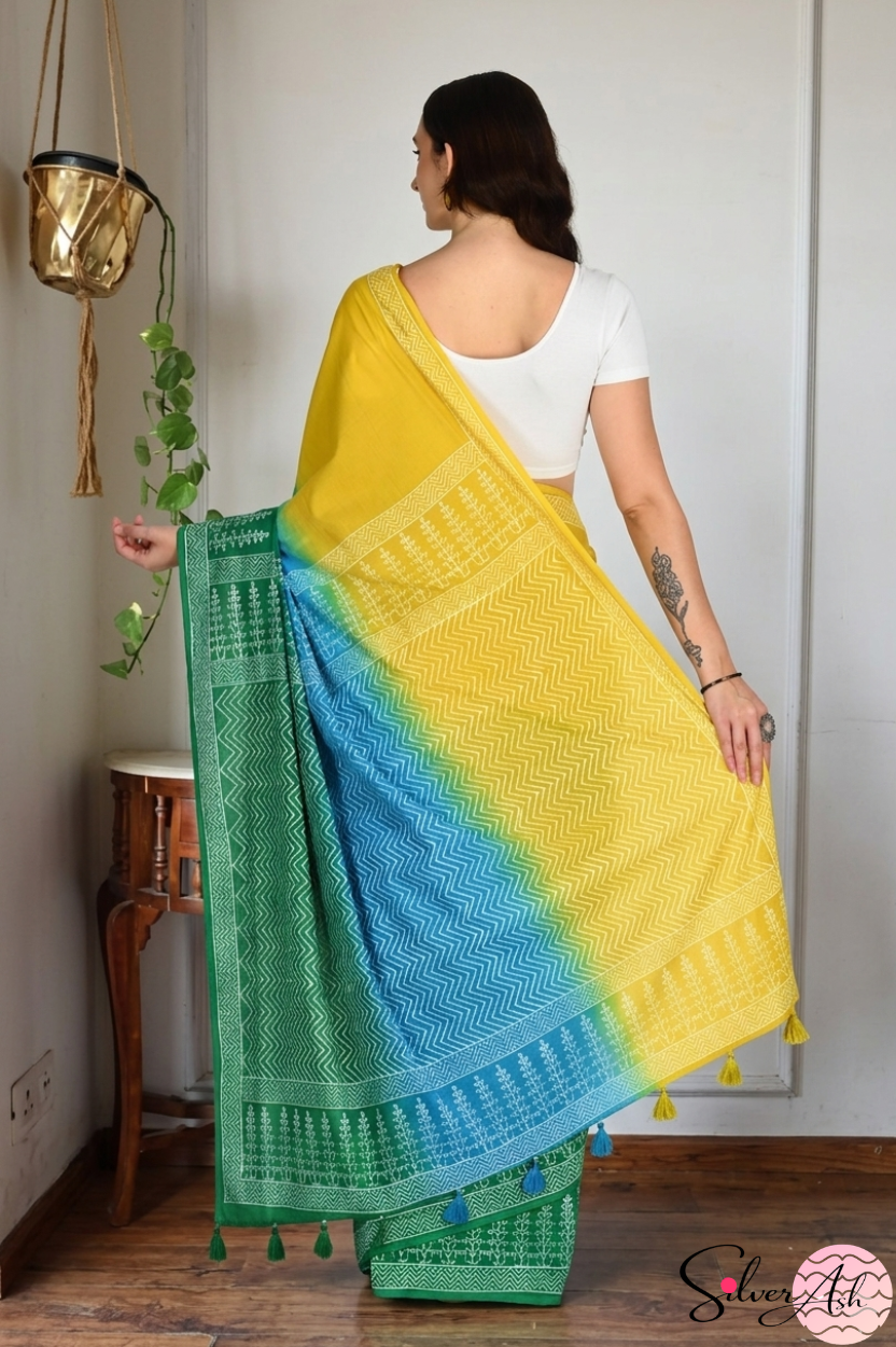 Handblock Printed TRIYA MULCOTTON Blue Saree with Blouse Piece