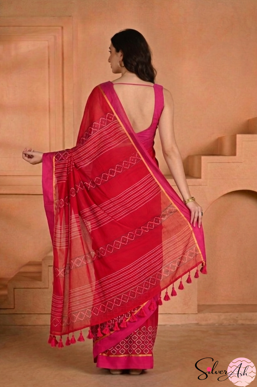 Handblock Printed KASHVI MULCOTTON Pink Saree with Blouse Piece